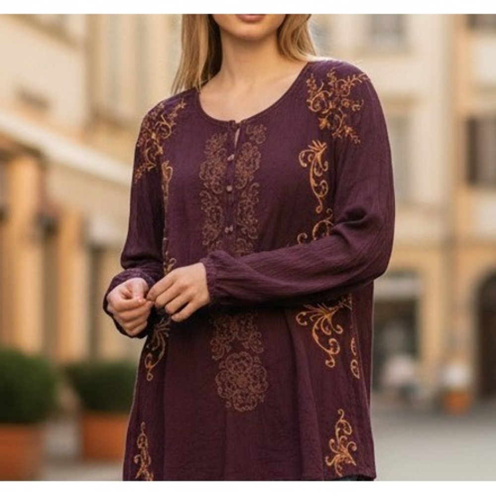 Johnny Was Embroidered Tunic Top Plum Purple Gold Filigree Rayon Blouse Small - Picture 1 of 6